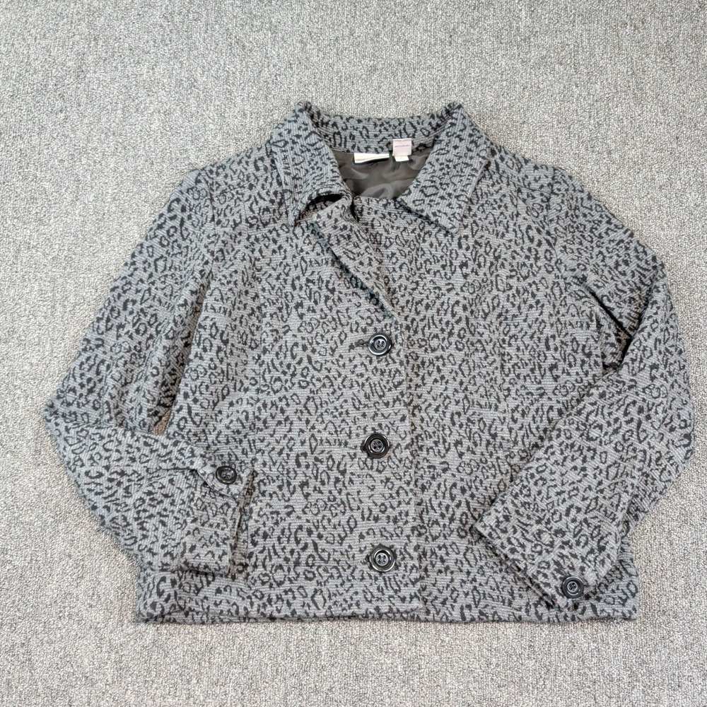 Chicos Modern Leopard Print Button Front Jacket Size 2 Large Grey Cotton Blend